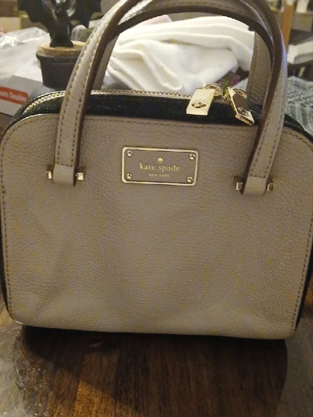 kate spade Pebbled Leather Mini Satchel in Light Taupe & Black